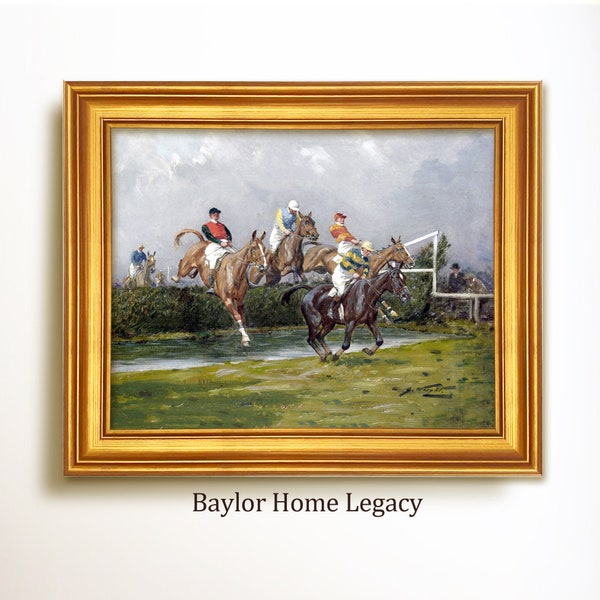 Framed Steeplechase Oil Painting Canvas Print; Framed Horse Eventing Race Art Print, Vintage Horse Water Jumping Artwork