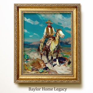 Framed Cowboy Oil Painting Print on Canvas, Vintage Western Cowboy Art, Rustic Western Cowboy Painting Artwork