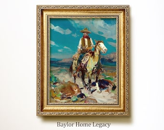 May include: A framed painting of a cowboy riding a white horse in a desert landscape. The cowboy is wearing a hat and a red bandana. The painting is set against a blue sky with white clouds.