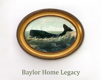 Framed Oval Whale Print of Antique Watercolor, Sperm Whale Oil Painting Print in Wood Oval Frame, Unique Whale Decor