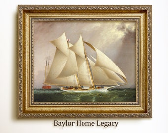 Framed Sailboat Canvas Art Print of Antique Oil Painting; America's Cup Racing Yacht; Schooner Vintage Style
