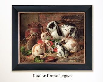 Framed Rabbits Oil Painting Canvas Print; Vintage Rabbit and Bunnies Wall Art; Framed Bunnies in a Barn Artwork Canvas Print