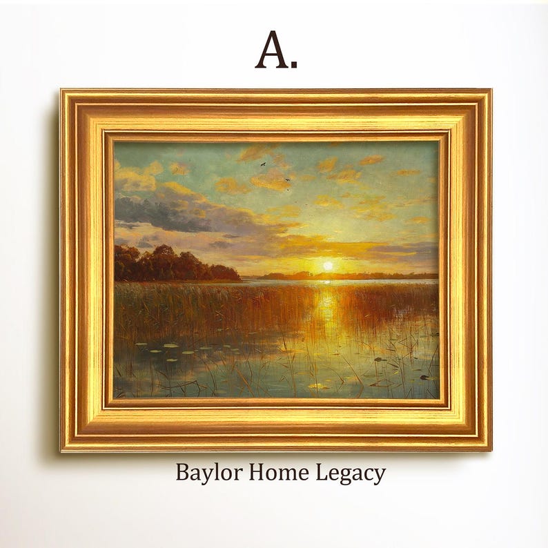 Framed Sunset Painting, Oil Painting Print on Canvas of Sunset Over a ...
