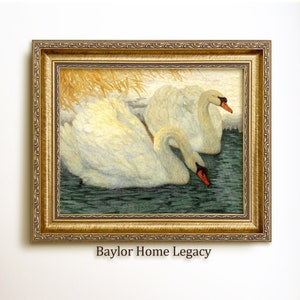 Framed White Swans Oil Painting Print on Canvas, Vintage Pair of Swans Oil Painting Canvas Artwork, Bird Wall Art