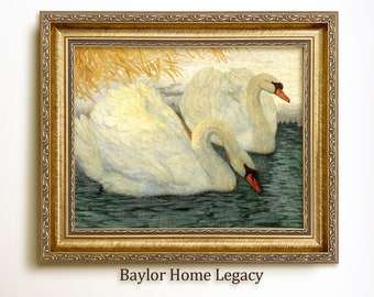 Framed White Swans Oil Painting Print on Canvas, Vintage Pair of Swans Oil Painting Canvas Artwork, Bird Wall Art