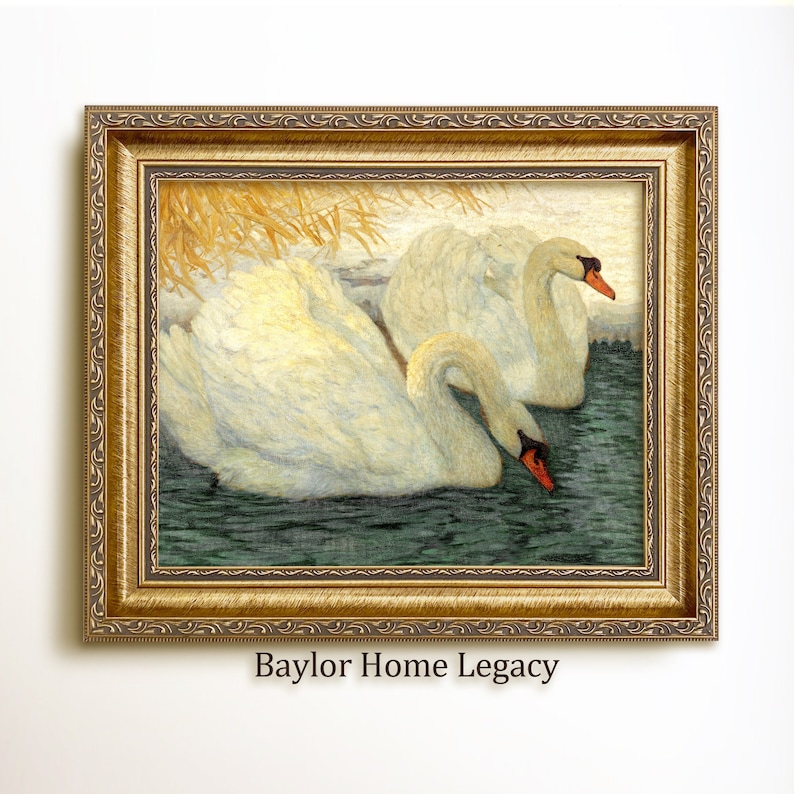 Framed White Swans Oil Painting Print on Canvas, Vintage Pair of Swans Oil Painting Canvas Artwork, Bird Wall Art in ornate gold frame