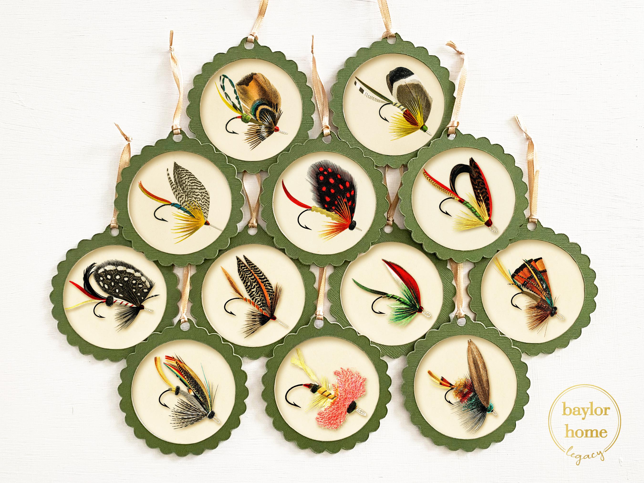Set of 12 Handmade Fishing Flies Ornaments for Tree, Unique Rustic Country Ornaments for Christmas Tree, Fly Fishing Ornaments for Xmas
