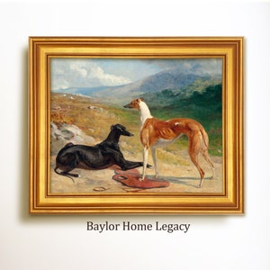 Framed Greyhounds Oil Painting Print on Canvas, Framed Greyhound Canvas Art print of Antique Painting, Greyhound Fine Art Print on Canvas