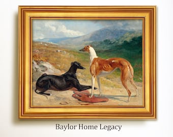 May include: A painting of two greyhounds in a field. One greyhound is black and the other is brown and white. The painting is framed in gold and has the text "Baylor Home Legacy" below it.
