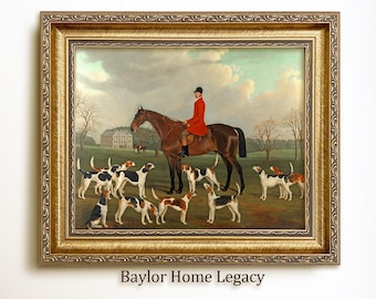 Framed Fox Hunting Print on Canvas of Antique Oil Painting, English Fox Hunt Scene Canvas Print for Equestrian Decor, Huntsman and Hound Art