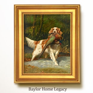 Framed Irish Setter with Pheasant Oil Painting Canvas Print, Vintage Rustic Country Cottage Bird Dog Wall Art, Hunting Dog Artwork