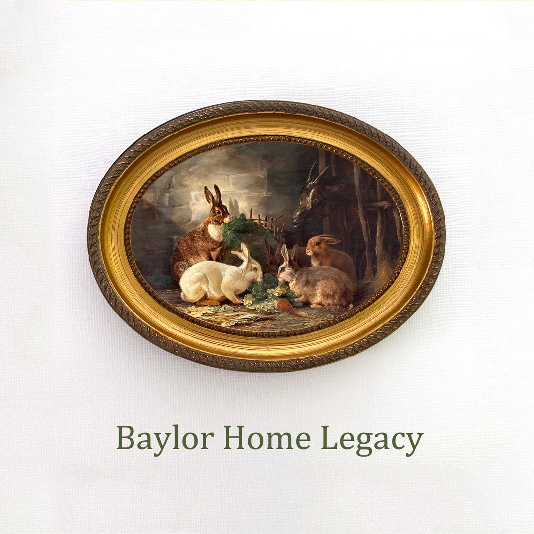 Framed Oval Rabbit Canvas Art Print of Antique Oil Painting; Rabbit and ...