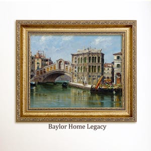 Framed Rialto Bridge Oil Painting Print on Canvas, Framed Vintage Italy Grand Canal Canvas Art Print of Antique Painting, Rialto Bridge Art