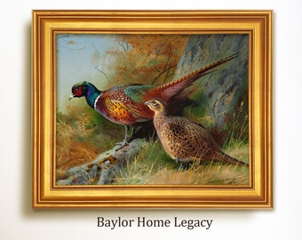 Framed Ring-Neck Pheasants in Landscape, Ringneck Pheasant Painting Canvas Print, Vintage Country Rustic Bird Art, Cabin Decor Wall Art
