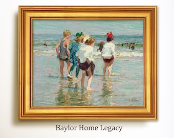 Framed Children in Ocean Oil Painting Print on Canvas, Framed Ocean Art Print of Vintage Painting, Kids Wading Fine Art Print on Canvas
