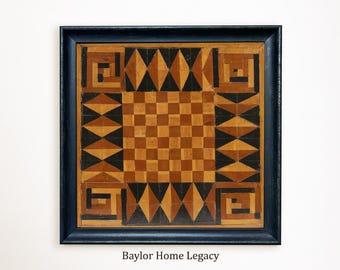 Checkerboard Game Board Print Framed Canvas Art, Primitive Folk Art Wall Decor, Early American Gameboard Artwork, Vintage Americana