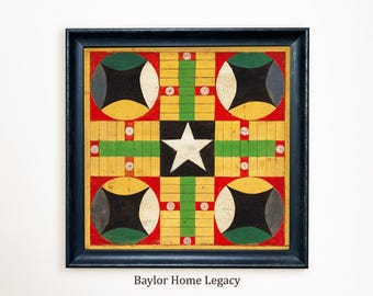 Parcheesi Game Board Canvas Print Framed or Unframed, Antique Style Folk Art Board Game, Unique Game Room Decor, Game Room Wall Art