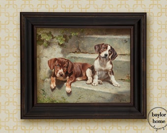 Framed Hound Puppies Painting Canvas Print, Rustic Country Cottage Farmhouse Dog Print of Two Puppies