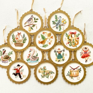 Handmade 12 Days of Christmas Ornaments for Tree, Classic Folk Art Vintage Country Twelve Days of Xmas Ornaments for Tree