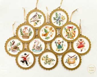 Handmade 12 Days of Christmas Ornaments for Tree, Classic Folk Art Vintage Country Twelve Days of Xmas Ornaments for Tree