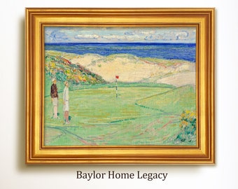 Framed Golf Oil Painting Print on Canvas, Vintage Golf Wall Art, Women Golfing Wall Art