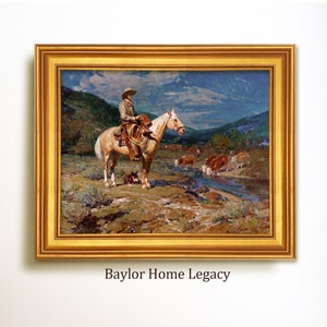 Framed Cowboy Oil Painting Print on Canvas, Vintage Western Landscape Art, Rustic Western Cowboy and Cattle Artwork