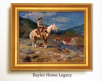 May include: A painting of a cowboy riding a white horse through a landscape with cattle. The cowboy is wearing a brown hat and a brown vest. The painting is framed in a gold frame and has the text "Baylor Home Legacy" below it.