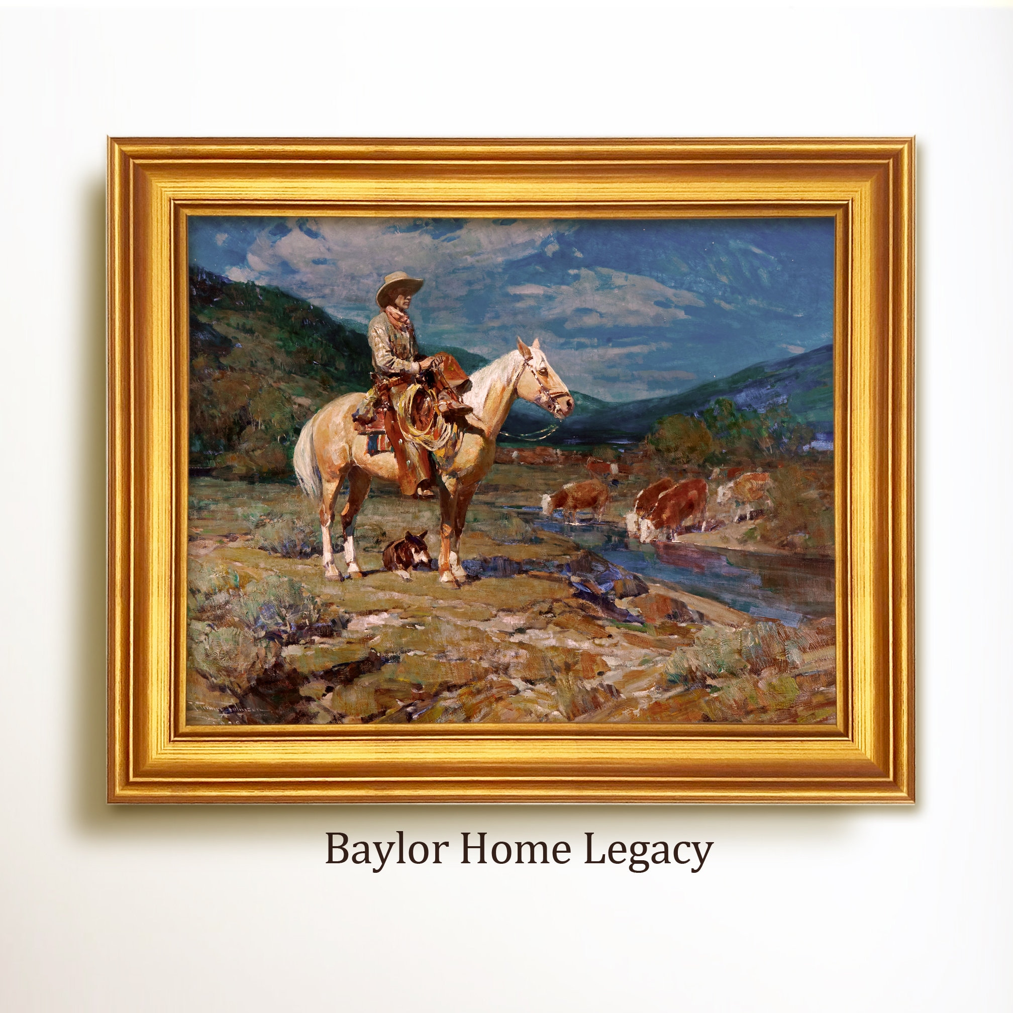 Framed Cowboy Oil Painting Print on Canvas, Vintage Western Landscape ...