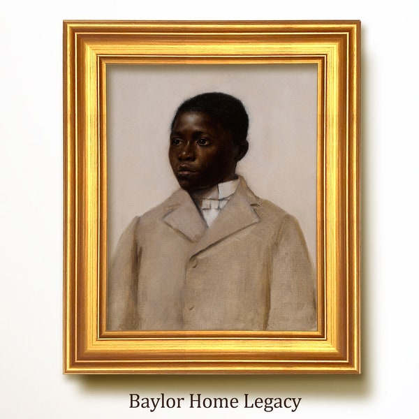 Framed Portrait of a Black Boy in a Beige Suit, Oil Painting Canvas Print, Classic Portrait Wall Art