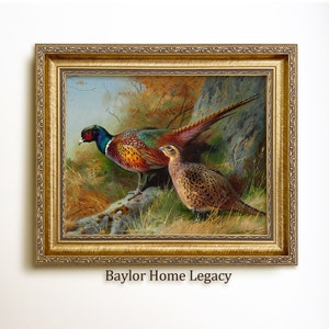 Framed Ring-Neck Pheasants in Landscape, Ringneck Pheasant Painting Print on Canvas, Vintage Bird Print, Cabin Decor, Giclée Wall Art
