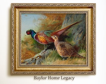 Framed Ring-Neck Pheasants in Landscape, Ringneck Pheasant Painting Print on Canvas, Vintage Bird Print, Cabin Decor, Giclée Wall Art