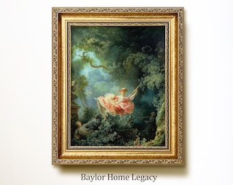 Framed 18th Century Oil Painting Print on Canvas of a Woman on a Swing Kicking off her Shoe