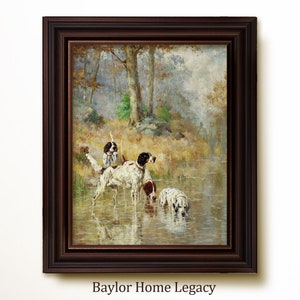 Framed Setters Oil Painting Canvas Print, Vintage Bird Dog Scene, Framed Pointers in a Stream Landscape Painting on Canvas