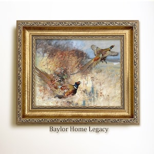 Framed Flying Pair of Pheasants Watercolor Painting Canvas Print, Vintage Rustic Pheasants Bird Art, Pair of Pheasants in Flight Wall Art