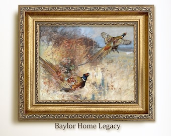 Framed Flying Pair of Pheasants Watercolor Painting Canvas Print, Vintage Rustic Pheasants Bird Art, Pair of Pheasants in Flight Wall Art