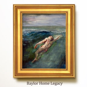 May include: A framed painting of a person swimming in a stormy sea. The painting is done in watercolor and has a muted color palette of blues, greens, and grays. The person is nude and appears to be struggling against the waves. The painting is titled "Baylor Home Legacy".