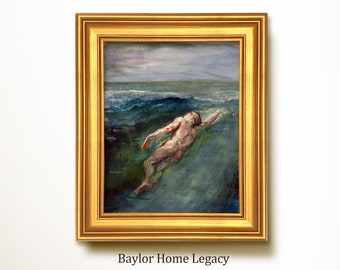 Framed Nude Male Watercolor Painting Canvas Print, Framed Vintage Skinny Dipping Male Swimming Canvas Art,