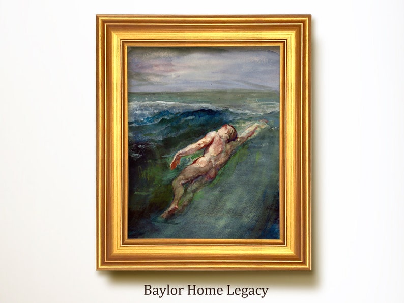 May include: A framed painting of a person swimming in a stormy sea. The painting is done in watercolor and has a muted color palette of blues, greens, and grays. The person is nude and appears to be struggling against the waves. The painting is titled "Baylor Home Legacy".
