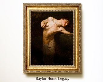 Framed Young Man Oil Painting Canvas Print, Classic Vintage Portrait Wall Art Picture, 19th Century Fine Art Picture of a Shirtless Man