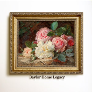 Framed Still Life of Roses Oil Painting Canvas Print, Framed Vintage Roses Still Life, Framed Floral Painting of Wild White and Pink Roses