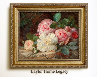 Framed Still Life of Roses Oil Painting Canvas Print, Framed Vintage Roses Still Life, Framed Floral Painting of Wild White and Pink Roses