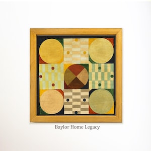 May include: A square framed wall art piece titled Baylor Home Legacy featuring a geometric composition of four large circles in the corners, a central circle divided into four quadrants, and checkered grid patterns with small colored dots.
