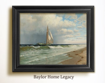Framed Ocean Oil Painting Print on Canvas, Framed Ocean and Sailboat Vintage Painting Print, Nautical Wall Art