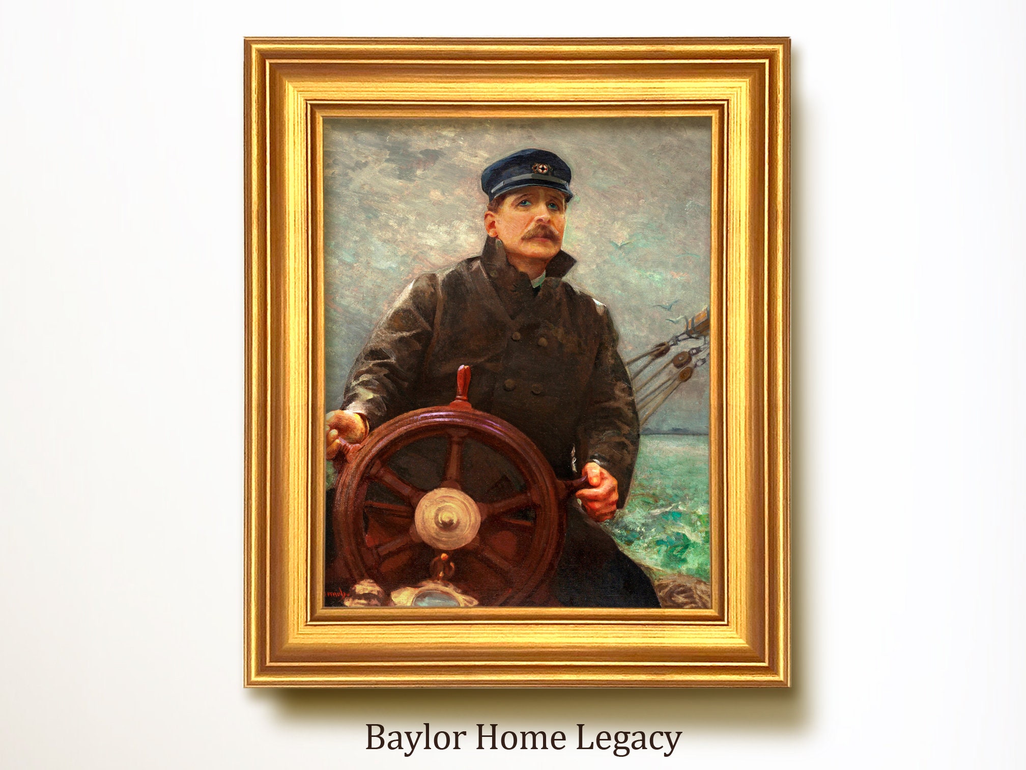 Capitaine de marin au volant encadré, peinture à l'huile sur toile, impression nautique vintage, portrait encadré d'un pilote de voilier, oeuvre d'art de skipper de bateau