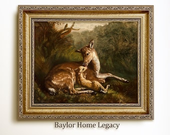 Framed Doe and Fawn Oil Painting Print on Canvas, Framed Vintage Deer and Fawn Laying Together, Antique Deer Painting Canvas Print