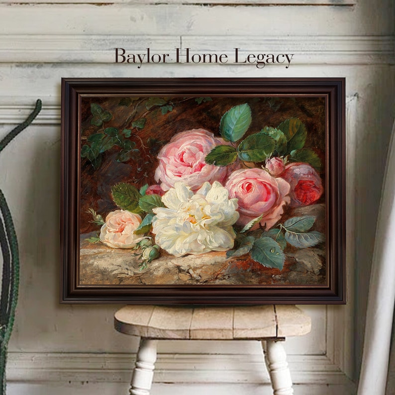 Framed Still Life of Roses Oil Painting Canvas Print, Framed Vintage Roses Still Life, Framed Floral Painting of Wild White and Pink Roses image 7