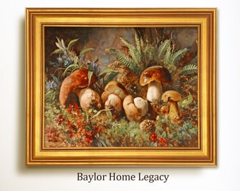 Framed Mushroom Oil Painting Print on Canvas, Vintage Mushroom Wall Art, Framed Mushroom Art Print on Canvas