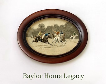 Framed Polo Print in Oval Frame; Museum Quality Print of a Polo Match in Oval Wood Frame Behind Glass; Polo Art
