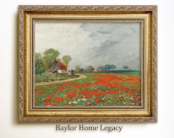 Framed Landscape of Poppies and Daises Oil Painting Print on Canvas, Floral English Countryside Landscape Painting