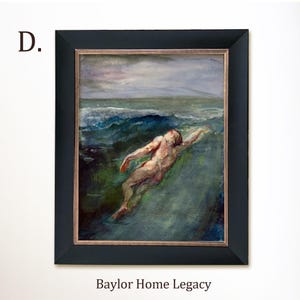Framed Nude Male Watercolor Painting Canvas Print, Framed Vintage Skinny Dipping Male Swimming Canvas Art, D - Black Frame